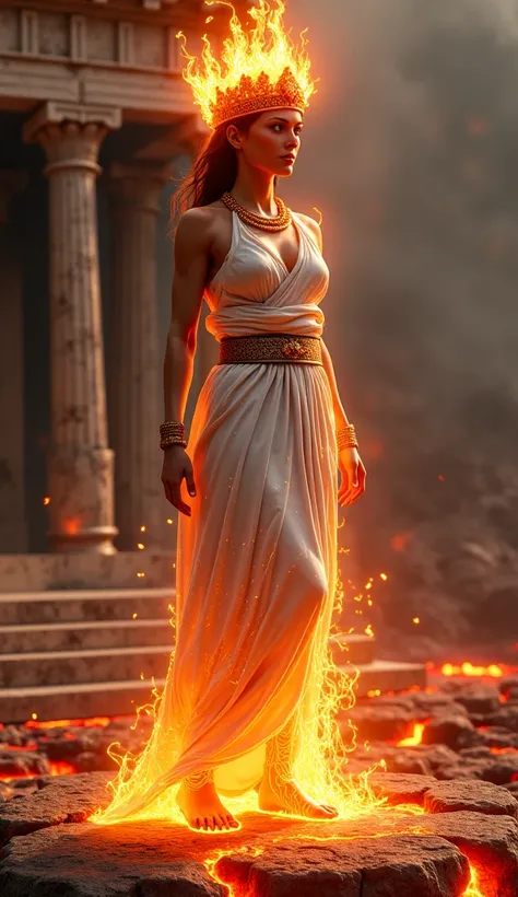 "A Greek Fire Empress resembling an ancient goddess, standing on a scorched marble temple. She wears a white toga with glowing golden veins, and her crown is wreathed in flames. Her piercing gaze commands respect as molten lava cracks beneath her sandals. ...