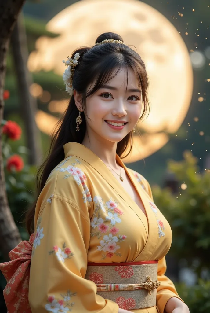 Enhance the image、 hairpin with a diamond、She alone、 facing backwards、big butt、thin waist、big full moon with full background、8 vs２Size、Gold Dustが多く舞散る、Ancient Japanese kimono、The color of the kimono with the fine floral pattern is light yellow、silk、 hairst...