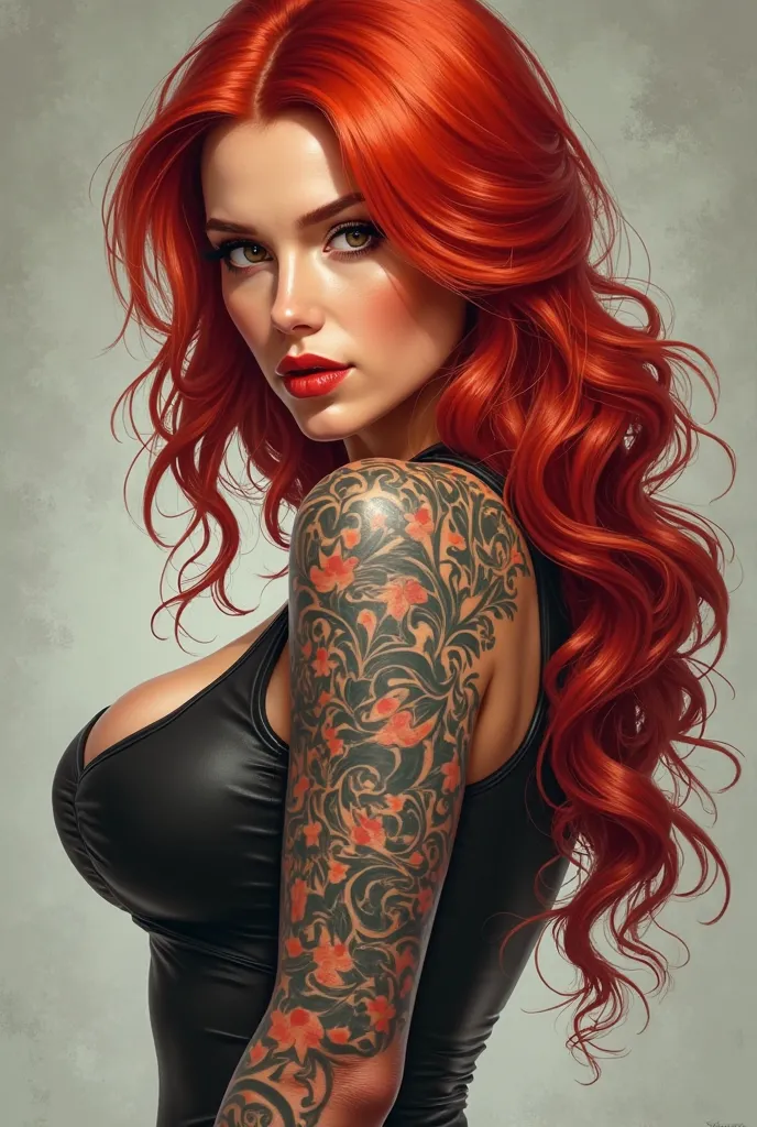 Red haired woman, Average body not thin and not fat, wearing a bikini and with striking tattoos 