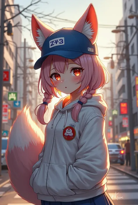 1 female, ager, ( animal ears ), Head on, Full Body, watch viewers, hair between eyes, headdress, View people who see multicolored hair , twin braid,  fox tail , ( Multiple Tails :1.3), badge,  bangs, ( blue baseball cap:1.2), Clothes picture, White clothe...