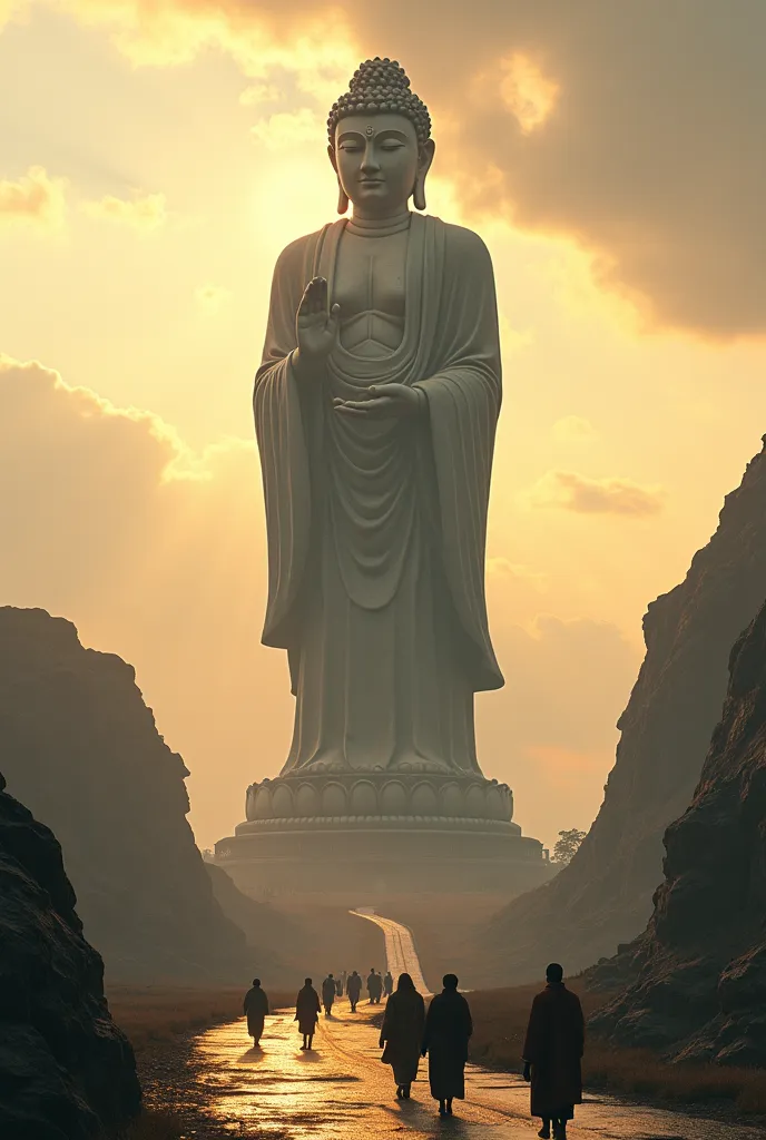  A huge Buddha statue in the distance , stone, texture, is tall, Majestic,  The background is illuminated by sunlight，cloud, Inverted image ，profile， pilgrims walking down the road 