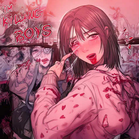 The image features two young women in a striking, edgy art style with bold colors and intense expressions. The woman on the right, wearing a pink heart-patterned hoodie, has blood dripping from her mouth and fingers, while the other woman looks shocked, se...