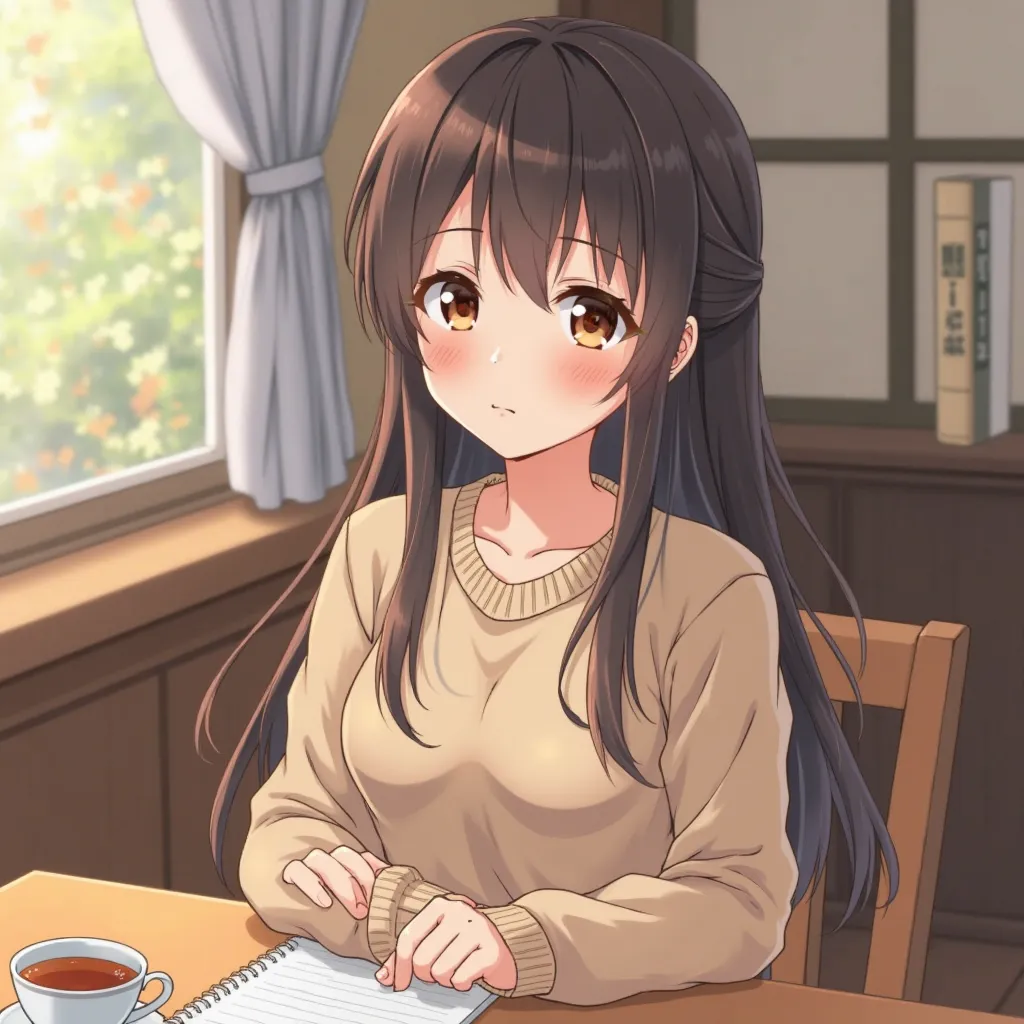 A  girl with bright light brown eyes and an innocent expression, wearing a light brown sweater and long dark brown hair. This character takes up 89 percent of the image. There is tea on the table in front of her desk anime