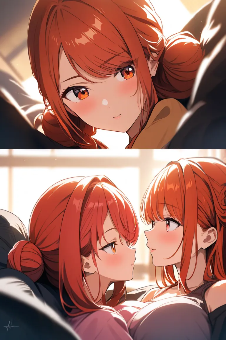  and stare at each other、Blushing、（ bun hair wrapped up to the shoulder、orange-pink hair、Big Breasts、 orange eyes from the side diagonally、fine)