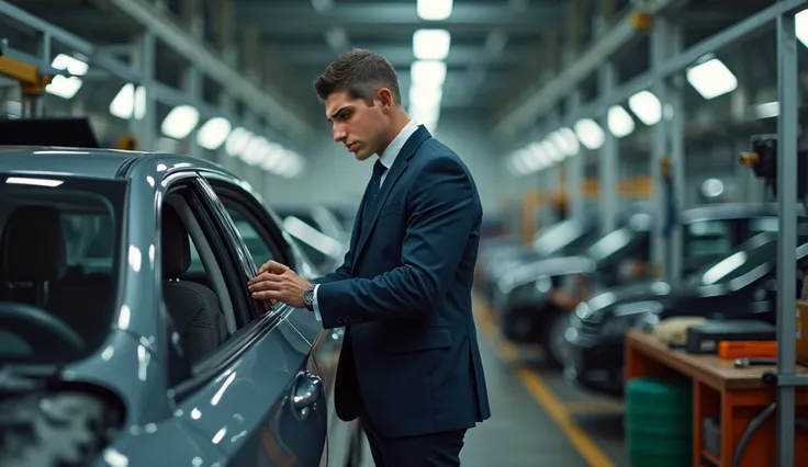 a man in a suit and tie, 4k resolution. wide shot full wide shot . car manufacturing. he is working. he is car repair. he is working.