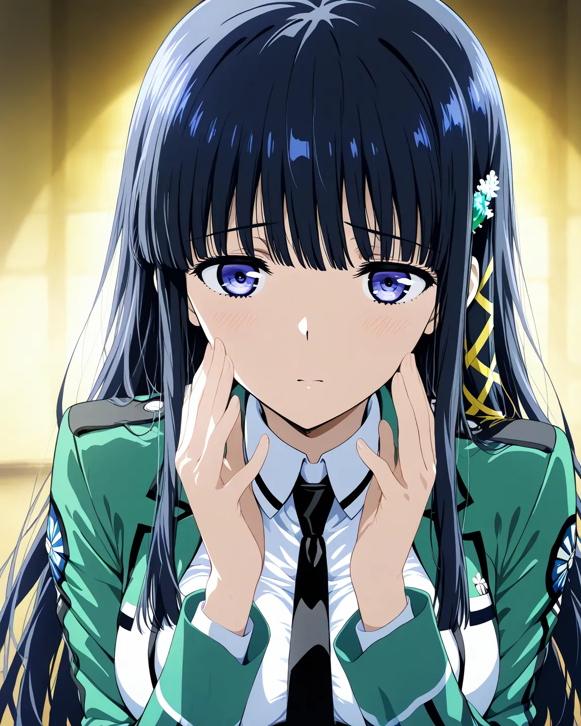 1 girl "Shiba_Miyuki" Anime "Mahouka Koukou no Rettousei", long hair, black hair, anime source, masterpiece, 