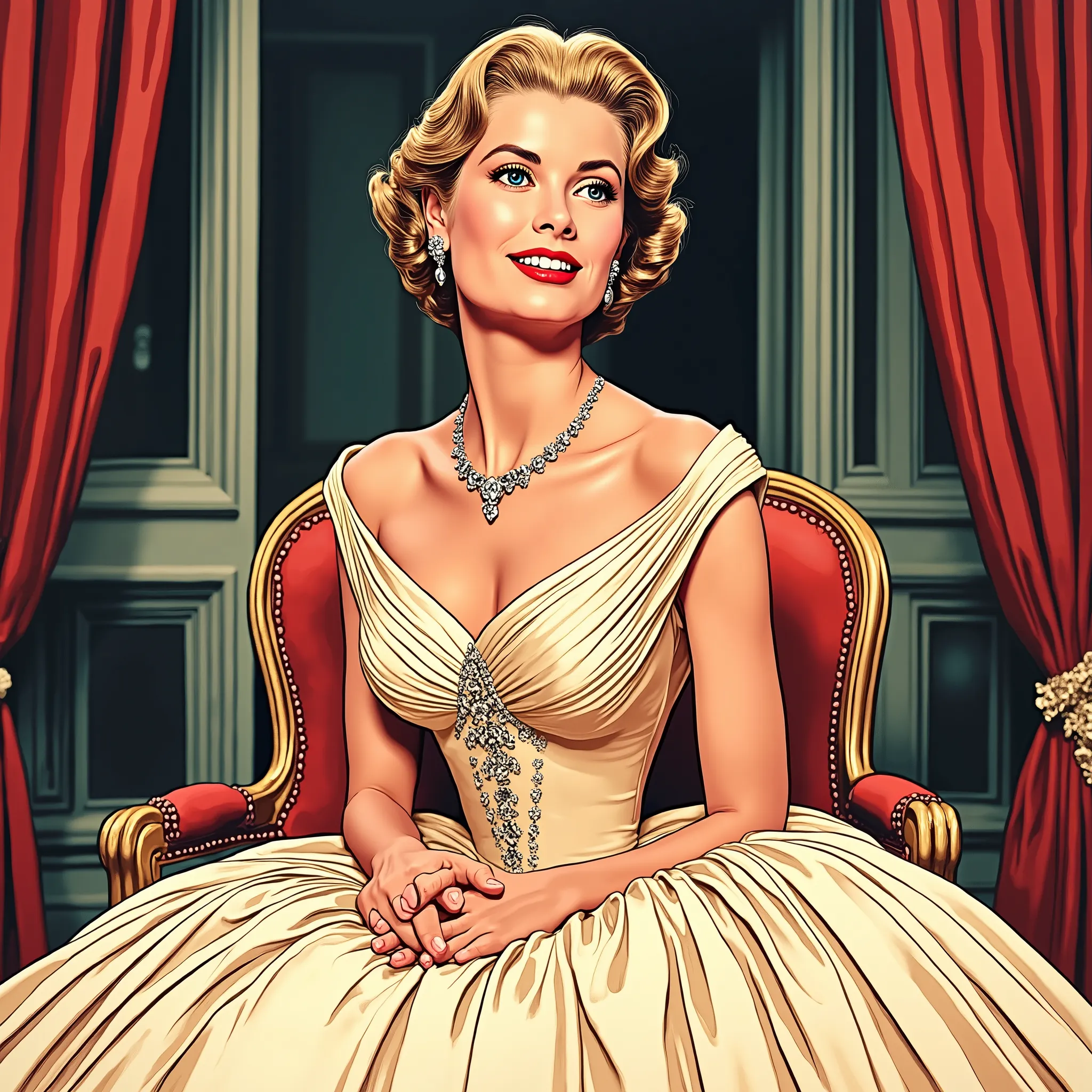 (masterpiece:1.2, Best Quality),8k, wallpaper,((american Comic art, thick outline, flat color:1.3)),(Grace Kelly as Princess of Monaco), view from front, ((full body, wearing gorgeous dress, sitting in the palace)), perfect eye,detailed face, kindly expres...