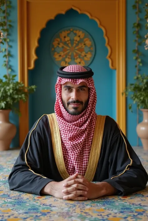 A Huzur Jubba is sitting with his hands on the table deck in a decorated room wearing a Saudi headscarf. The room is beautifully decorated with vines and vases on both sides. The room is painted blue and yellow.