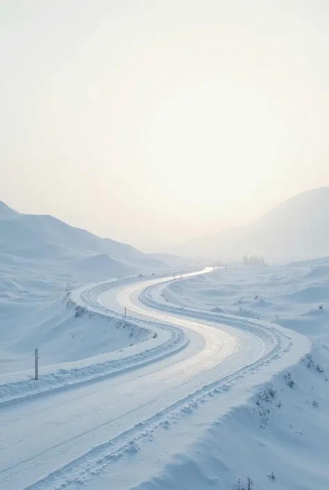 Snow filled highway.  Early morning. Canada.  Hill higway. No trees.  Low light