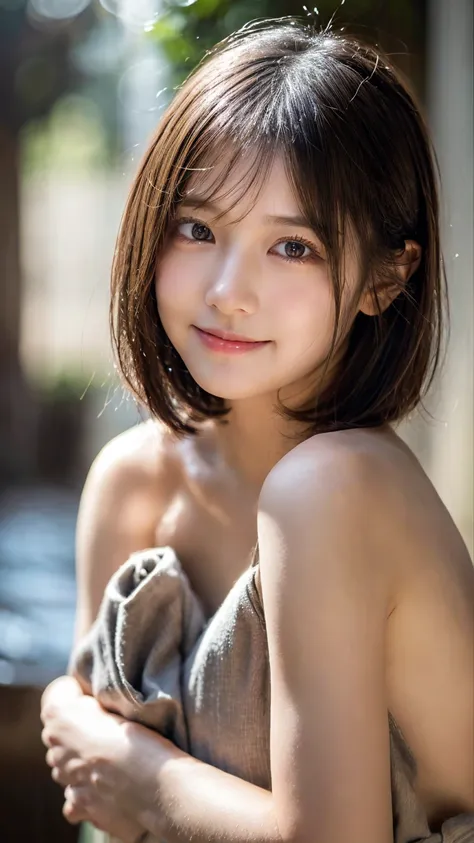 (full body:1.2)(nude:1.2)、ベッドイン、cheerful (moist  eyes:1.2),Very cute face, ,(hair black:1.1), high resolution, RAW Photos,  photo book１page, Surreal, (short hair:1.4)８K-photo, Portrait, detailed, Sharply detailed eyes, 