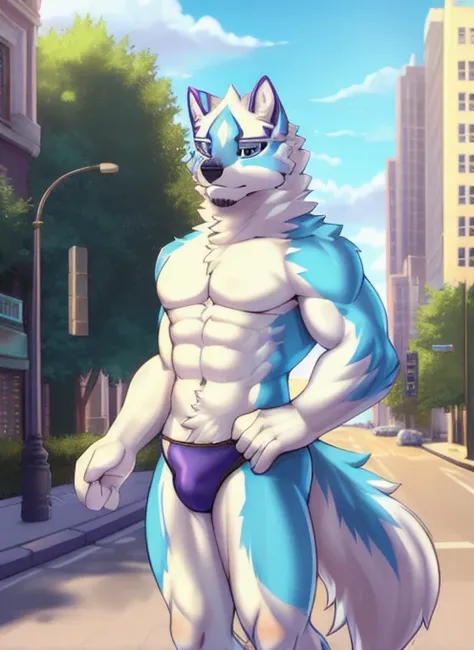 sadayoshi, solo, (soft shading), 4k, hi res, ((detailed face), (detailed eyes), detailed), by zackarry911, by zaush, (by personalami:0.5), male, muscular male, bara, looking at viewer, 1boy, standing, full body, male focus,  wolf tail, city, street, shirtl...