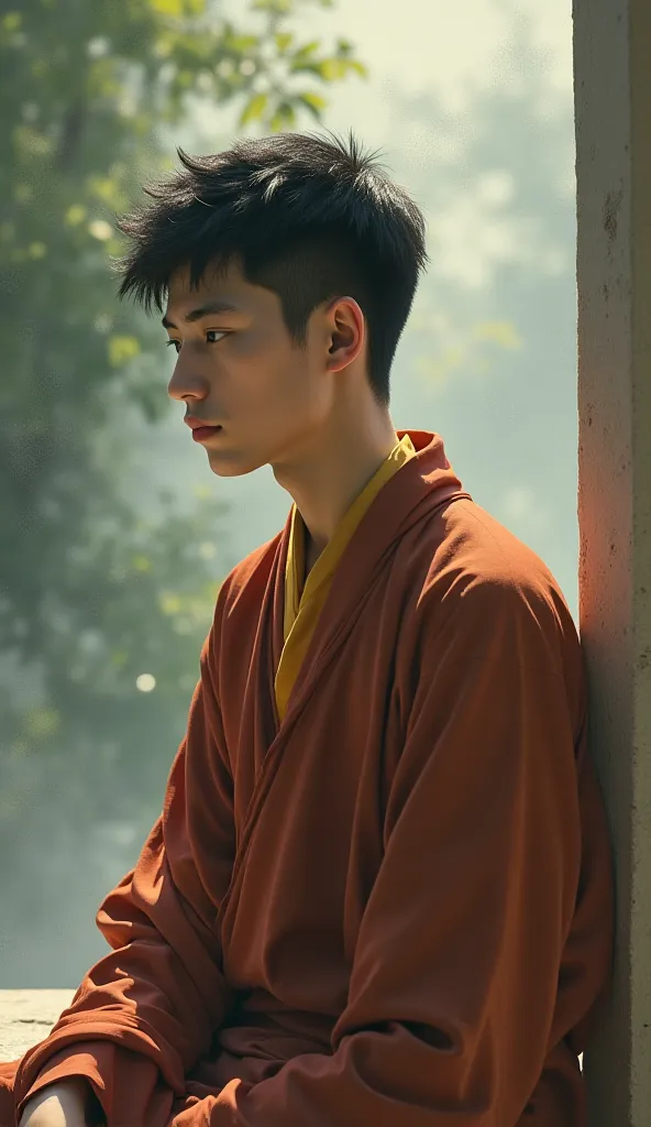 Male young monk is thinking and upset