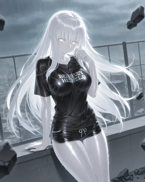 best image quality、Hi-Res、 Thick white hair 、white eyes、、rooftop、  BLACK HIM T-SHIRT 、beautiful breasts、  best thighs、Scarlet Aura、 long hair、best image quality、floating rubble、black shorts、 white skin、 the royal family、、Straight face、Waking up、Bedhead、 bl...