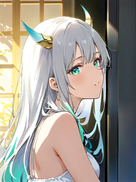 Girl with cow horns, white hair and turquoise tips,  turquoise eyes, The girl was having sex