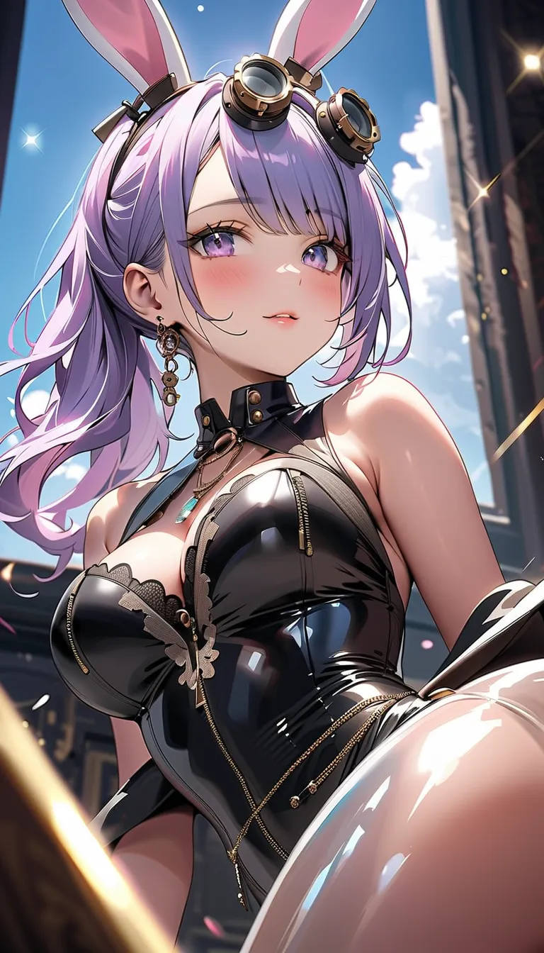   light purple hair、 .  with a shallow depth of field 、I'm looking for bunny girl earrings with a shallow depth of field  、 Big Breasts、 dark room in a luxury hotel （ Dynamic Composition Seen from Below  :1.3）、 White hair color 、((masterpiece,  Top Quality...