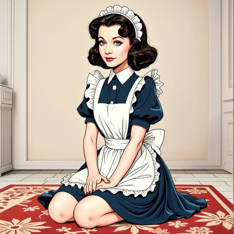 (masterpiece:1.2, Best Quality),8k, wallpaper,((american Comic art, thick outline, flat color:1.3)),(Vivien Lee as maid), view from front, ((full body, kneeling on the carpet)), perfect eye,detailed face, kindly expression ,