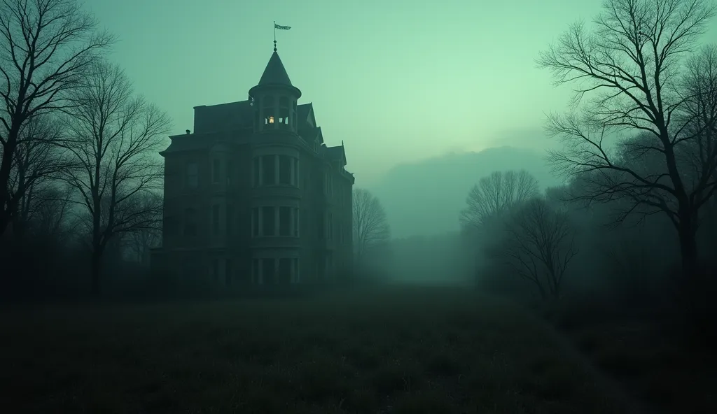 A wide shot of Waverly Hills at dawn, its silhouette still haunting against the pale morning sky. A feeling of lingering dread remains, as if the spirits are watching from behind the windows. The scene must NOT contain any text or captions.

