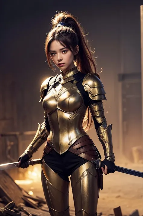 Masterpiece, best quality, (very detailed CG unity 8k wallpaper) (best quality), (best illustration), (best shadows), woman 25 years old, golden armor, holding sword, fantasy, thighs, medieval, battlefield background, high ponytail