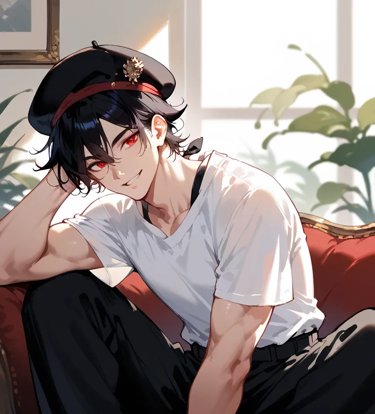 1man, seductive, black hair, black beret, red eyes, white shirt with short sleeves, black pants with black strap, toned body, charismatic, smiling, mischievous look, narrow look  