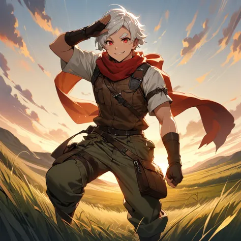 1 young man,a pieceful young man,silky hair,crew cut,short hair,pearlescent white hair,bushy eyebrows,beautiful face,beautiful eyes,double eyelid,crimson red eyes,big smile,salute,standing pose,feet apart,BREAK,wearing goggles,scarf,adventurer's shirts,lea...