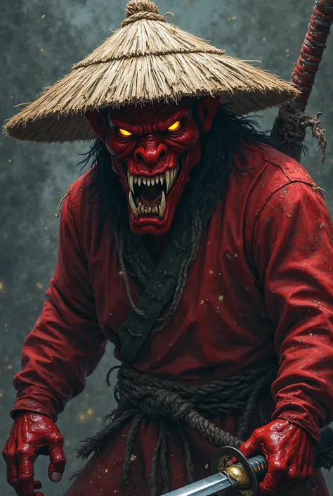 Create a profile image in 1080p x 1080p with the face of a red oni wearing an oriental straw hat, holding a katana sword, not anime style, with a dark appearance and a vengeful and sarcastic look. 