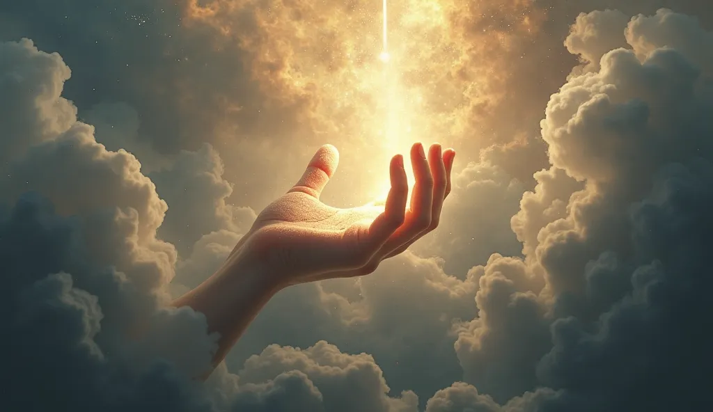 A divine hand rising from the clouds, collecting ash and turning it into light