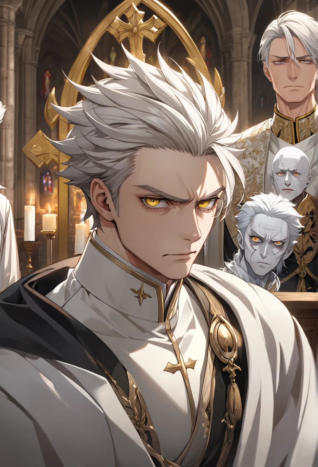 Young mature and handsome boy,  white-haired anime-style man , white eyelashes, wearing monarchy clothes ( perfect anatomy ).  Male Hair, dense hair, short hair,  white face, white eyelashes and eyebrows, Albino man, bright yellow eyes,  perfect eyes , det...