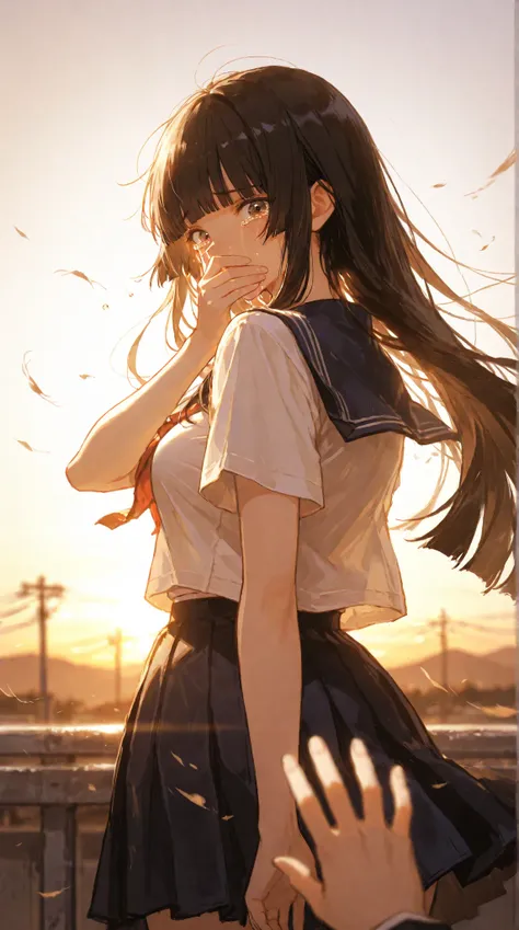 masterpiece, high quality, high resolution, detailed, wide shot, perspective, couple, 1girl, looking at viewer, be surprised, hime cut, blunt bangs, hair waving in the wind, clearly eyes, sad face, weeping for cry, tears drop, as easy as covering mouth wit...