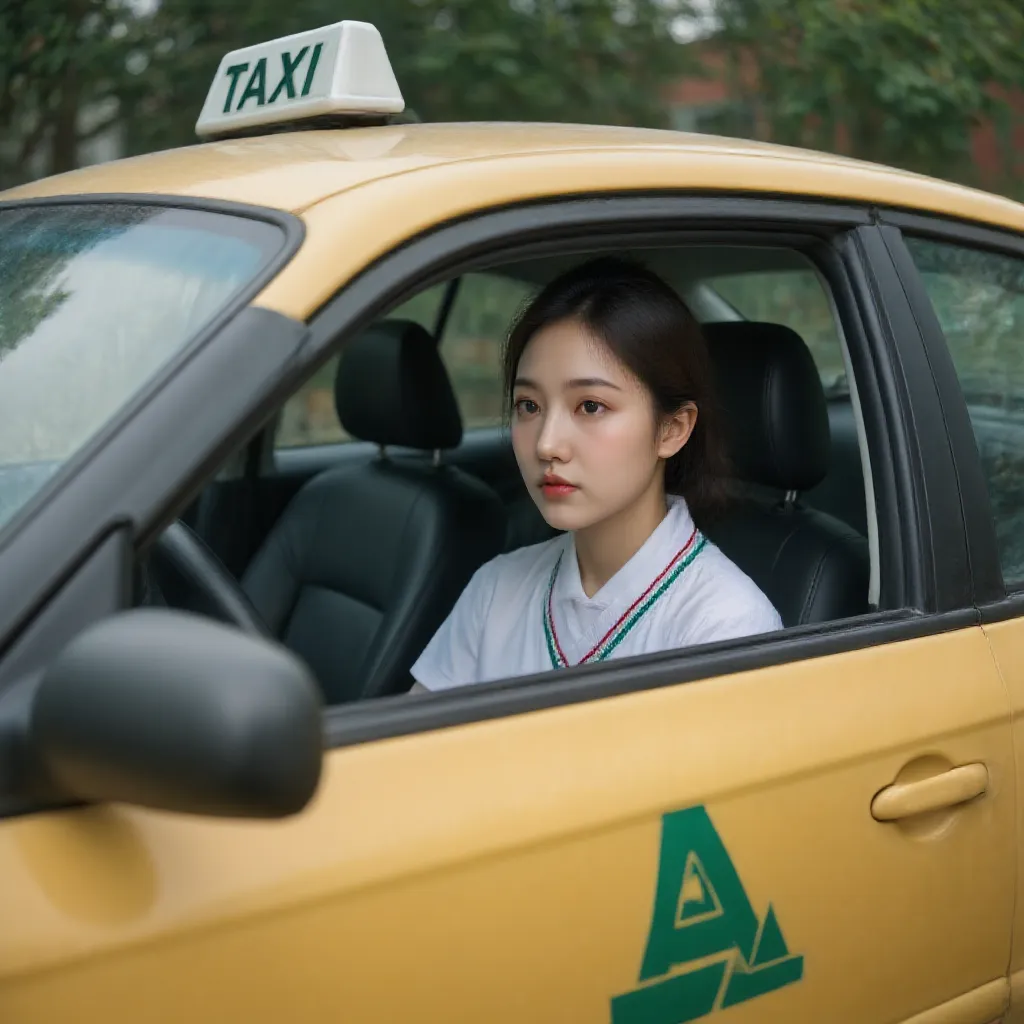 live-action、, a car with a woman sitting inside in the driver's seat,, Yellow Green Taxi Meter Toyota Corolla Altis, 2004, Taxi sign on the roof of the car, Painted leather seat, Girl in Taxi, , a scene from a Thai horror movie, Abandoned school、when the t...