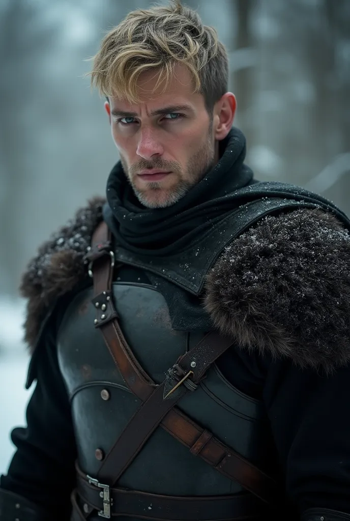  30-year-old man with dark blond hair,  short and slightly disheveled .

Silver-gray eyes , cold as ice .

tall and muscular,  with broad shoulders and strong arms .

Defined jaw and unshaven, always with a severe look.

Wear dark clothes and light armor w...