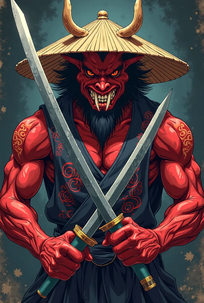 Create a profile image in 1080p x 1080p with the face of a red oni wearing an oriental straw hat, holding a katana sword, in Cartoon style, with a dark appearance and a vengeful and sarcastic look. 