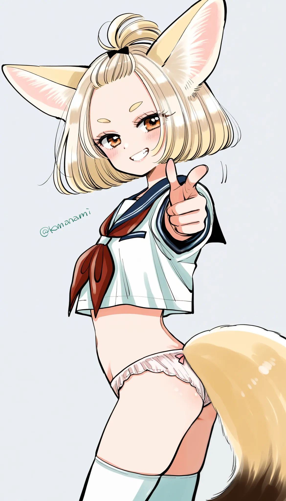 by komaku juushoku, by sugano manami, watercolor, 1girl, fennec girl, beige hair, short hair, fox girl, orange eyes, animal ears, animal ear fluff, bangs pinned back, fluffy hair, eyelashes, round eyebrows, loli, flat chest, serafuku, school uniform, red n...