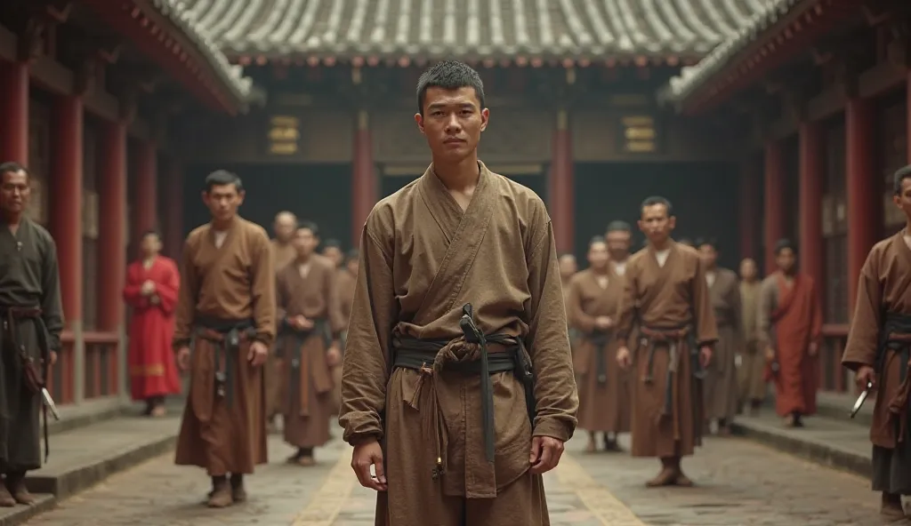 A man with a simple appearance, quietly imagine entering an ancient martial arts school. Surrounded by martial artists and monks watching. In casual exhaustion, he accidentally lets extraordinary martial arts skills, people amaze. Martial style space, with...