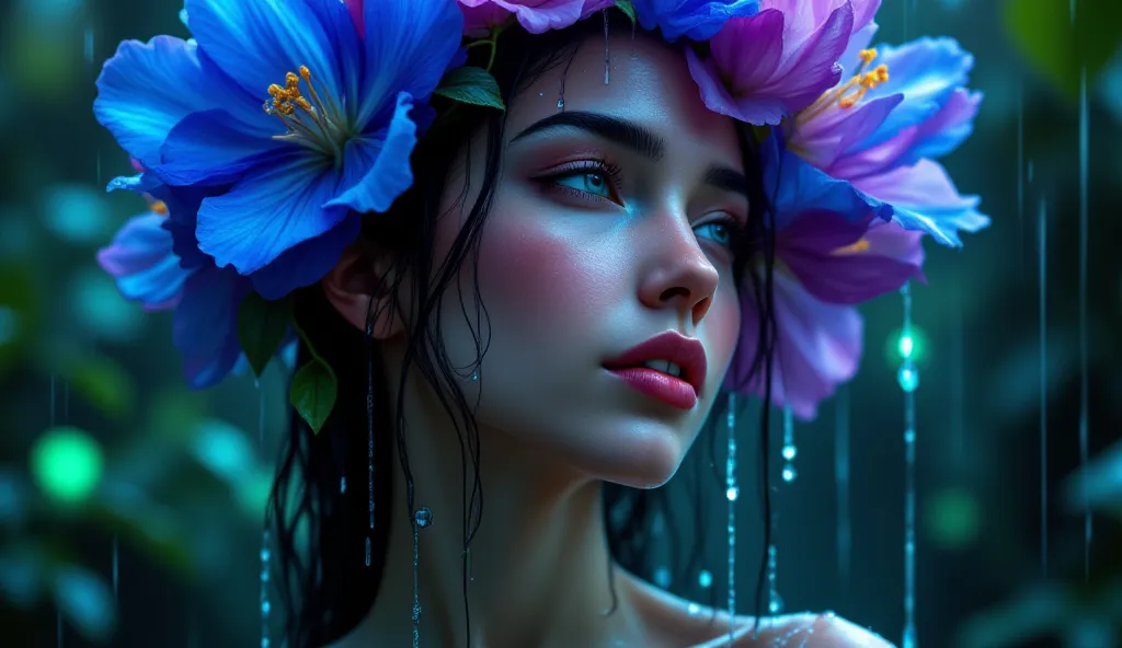 A breathtaking fantasy portrait of a beautiful young woman standing under a mystical rainfall, her face tilted upward as water cascades down her delicate features, flowing gracefully from her cheeks to her collarbone and chest. Her dark, wet hair merges wi...