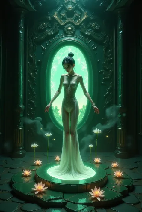 A thin and delicate Chinese girl, 18 years old, is standing in front of an old jade mirror, in a temple hidden in the mountains. Her body is slender and fragile, with small shoulders, modest bust, thin waist and slightly rounded hips. Her long, slender leg...