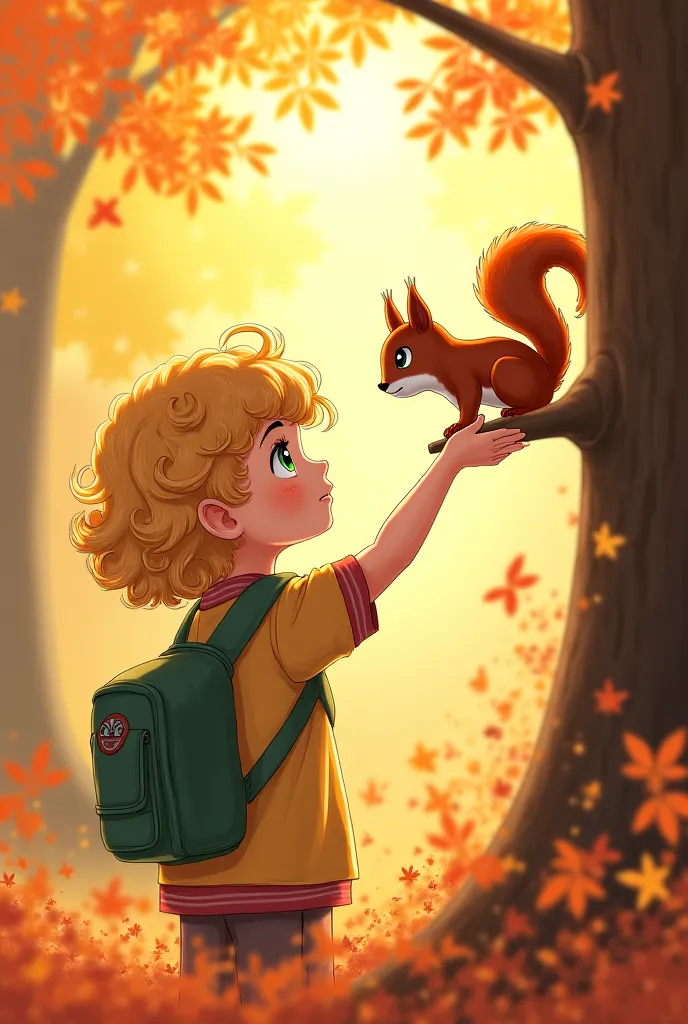 Blonde girl with green eyes and curly hair up to her shoulder in anime style standing in an autumn forest and looking at a squirrel on a branch and almost touching it 