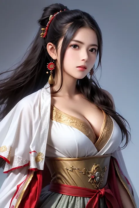 The upper body of a female warrior wearing red and gold armor and cloak, 1 person, cute ponytail ,Age 30, (((Real Face))), slightly larger breasts and cleavage, exposes cleavage,Scary face,  very fine face and skin texture , staring at camera,   Chinese Wa...