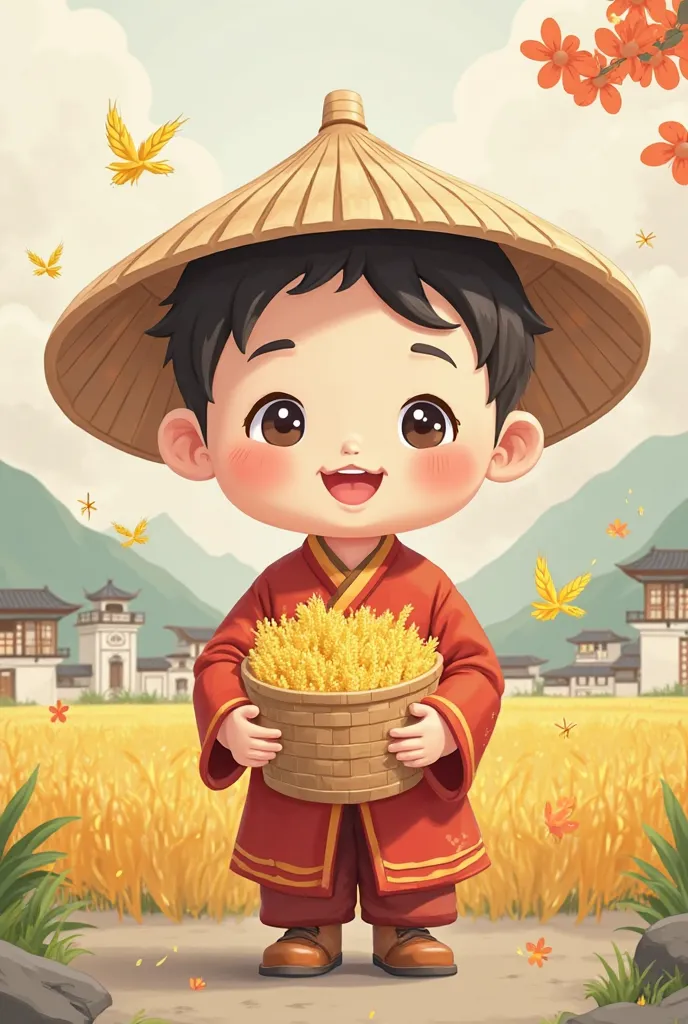 Subject Description
"A cute rice grain IP character wearing traditional Huizhou-style farmer's clothing, holding a bamboo basket full of golden rice ears, with smiling blushing cheeks and round cartoon eyes. The character has a plump body resembling polish...