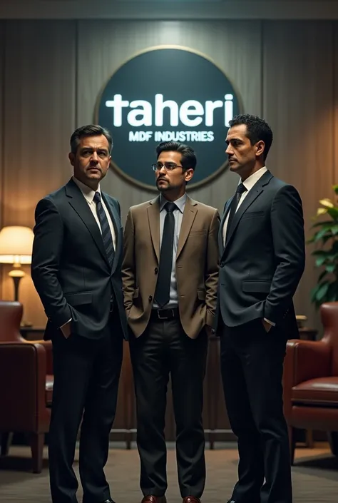 Two 30-year-old men and a 20-year-old boy are standing in the MDF detective office, and behind them is a sign that says Taheri MDF Industries.