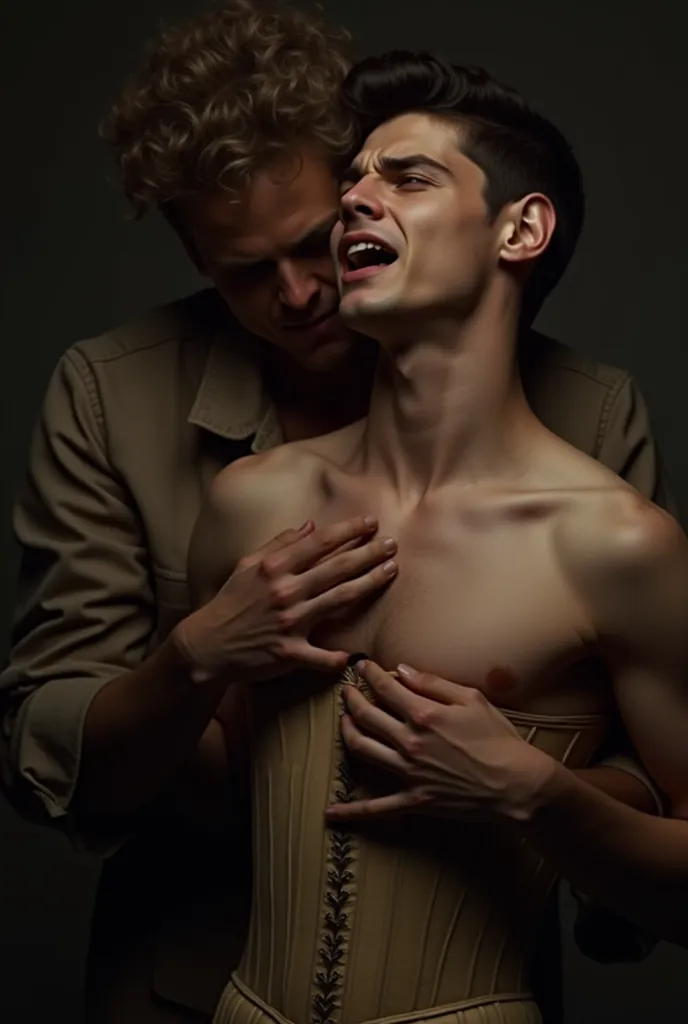 Gorgeous  young man completely suffocated and out of breath losing all the air being brutally squeezed by someone who tightens the man's corset a lot and mocking the guy out of breath