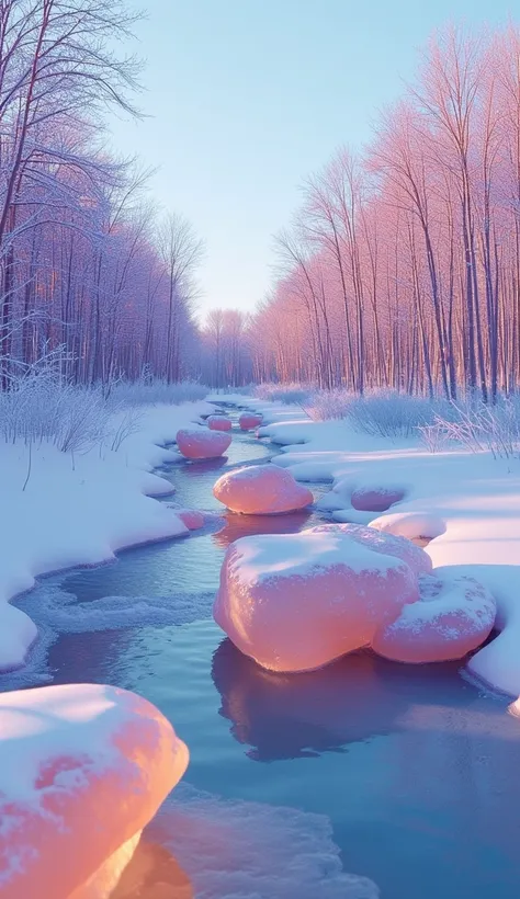 (best quality, 128k,highres,masterpiece:1.2),ultra-detailed,(realistic,photorealistic,photo-realistic:1.37), ((masterpiece)) ((photography)) ((Highest quality)) A surreal winter landscape featuring a frozen river with multicolored, smooth, and glossy stone...