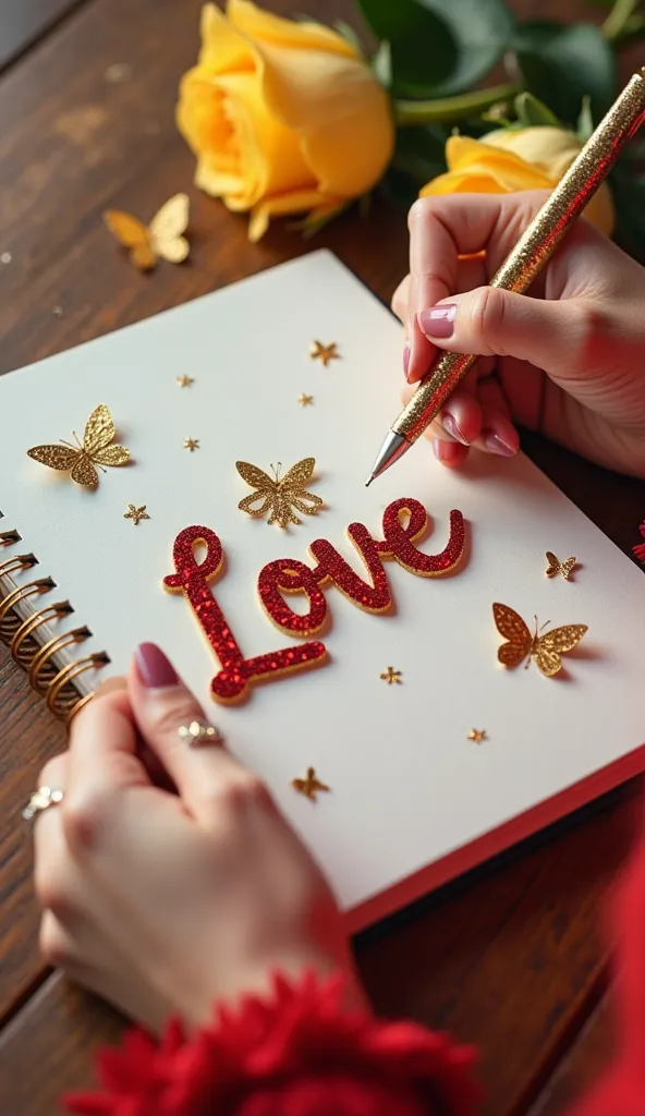 a close up image of White tone Korean hands wearing Red princess lassy sleeves , ring and holding a glitter pen with medium notebook crafting close up 3d Name “Love“ embossed above the surface , highlight red and gold glitter font colour in centre of The N...