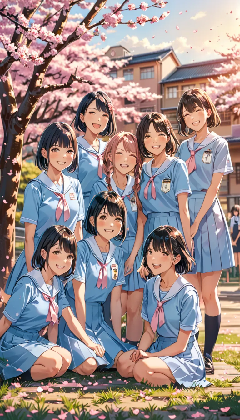 ```
Anime-style illustration of high school students group photo under blooming cherry blossom tree, late afternoon light, students in matching light blue uniforms, falling sakura petals, group pose with mix of smiles and emotional expressions, detailed ba...