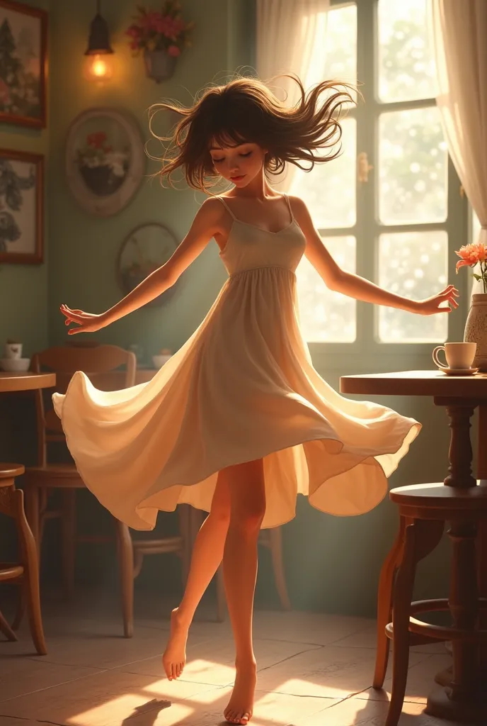 create a photo of a girl who is dancing, realistic in a cafe