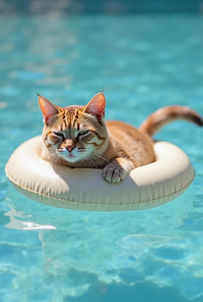 "A realistic image of a cat lounging on a floating inflatable in a swimming pool. The cat is completely relaxed, with its eyes closed, basking in the sun. The pool water is calm and clear, reflecting the blue sky above. The cat is comfortably lying on the ...