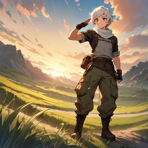 1 young man,a pieceful young man,silky hair,crew cut,short hair,pearlescent white hair,bushy eyebrows,beautiful face,beautiful eyes,double eyelid,crimson red eyes,big smile,salute,standing pose,feet apart,BREAK,wearing goggles,scarf,adventurer's shirts,lea...