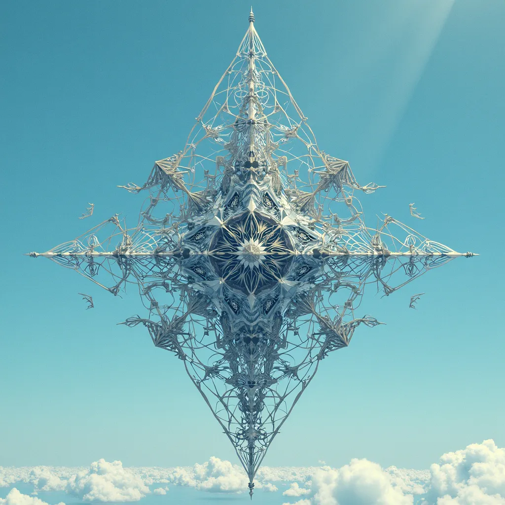  an album cover by Béla Czóbel, presented in devianart, a geometric image allegoric to spiritual medium canalyzer. The background of the image is a clear and bright blue sky color with a degradation effect. 