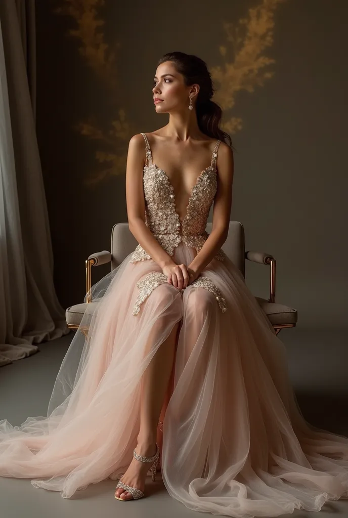 "A high-fashion professional photography shoot featuring elegant prom dresses in a luxurious studio setting. The models wear stunning, trendsetting gowns with intricate details such as sequins, embroidery, and flowing chiffon. The color palette includes de...