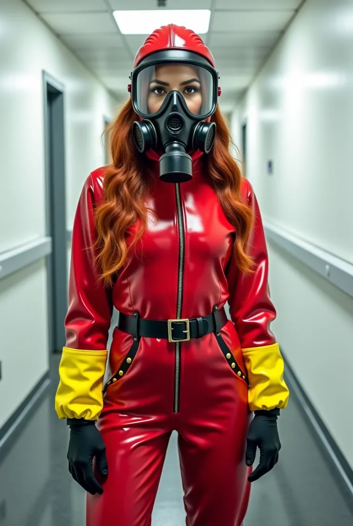 Young female girl is wearing red tight latex hazmat suit with yellow and black details. She is hot and has red wavy hair with brown eyes she has big ass and tits and she is fit. She is also wearing fully covering pilot oxygen mask . She is curving her ass....