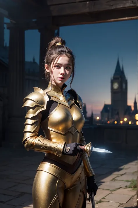 Masterpiece, best quality, (very detailed CG unity 8k wallpaper) (best quality), (best illustration), (best shadows), woman 25 years old, golden armor, holding sword, fantasy, medieval, battlefield background, high ponytail